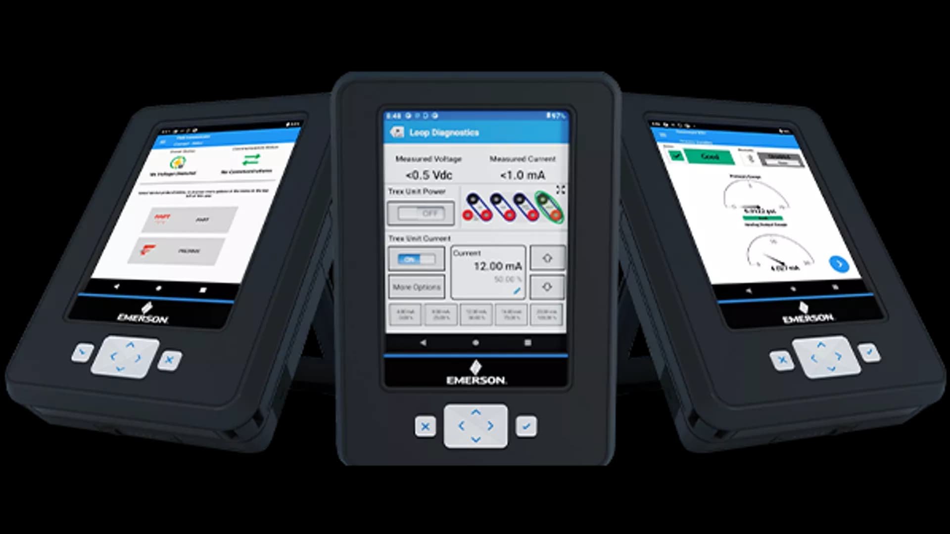 Three Emerson AMS Trex 2 handheld device communicators showing the Field Communicator, Loop Diagnostics, and device-health screens — the flagship products for Process Control and Automation