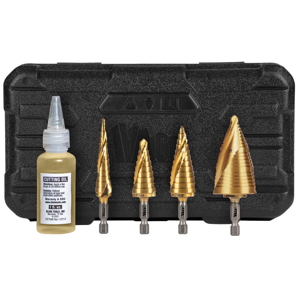 Klein Step Bit Kit, Spiral Double-Fluted, Vaco, 4-Piece # 25950