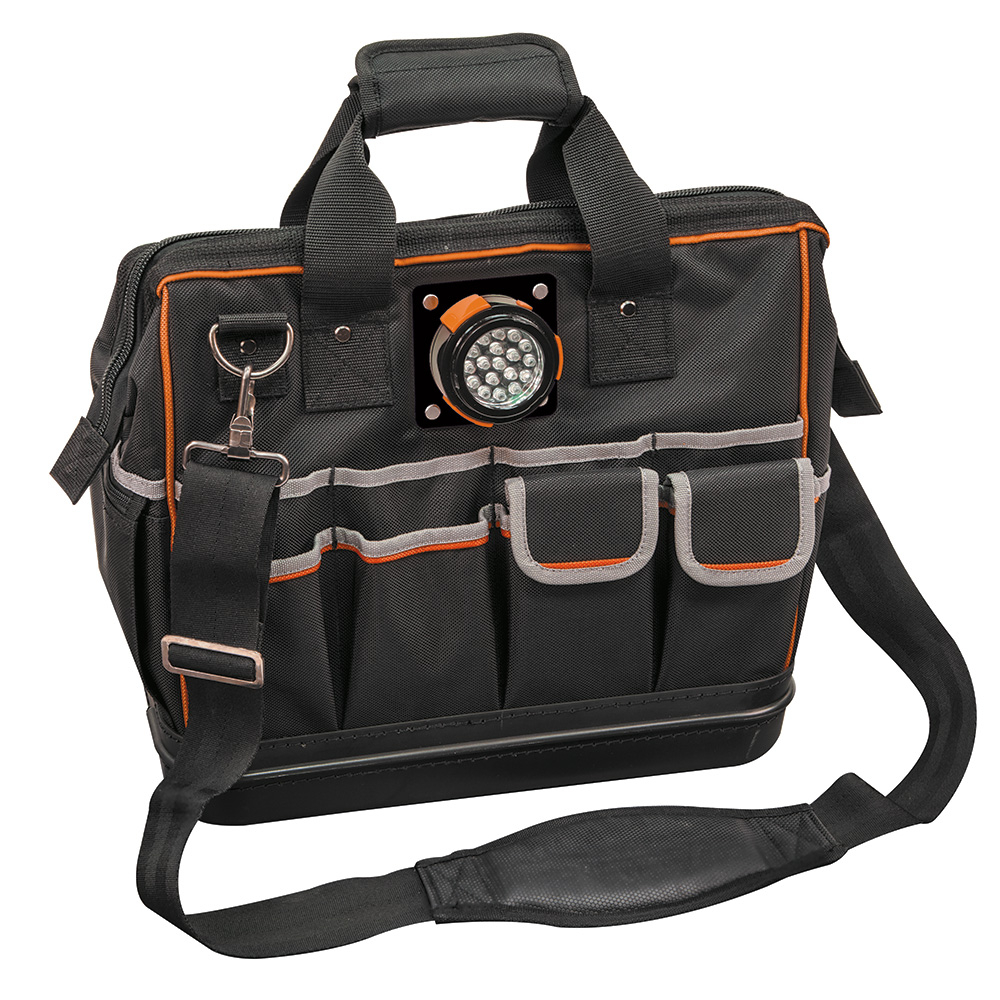 Klein Tool Bag, Tradesman Pro Lighted Tool Bag, 31 Pockets, 15-Inch # 55431