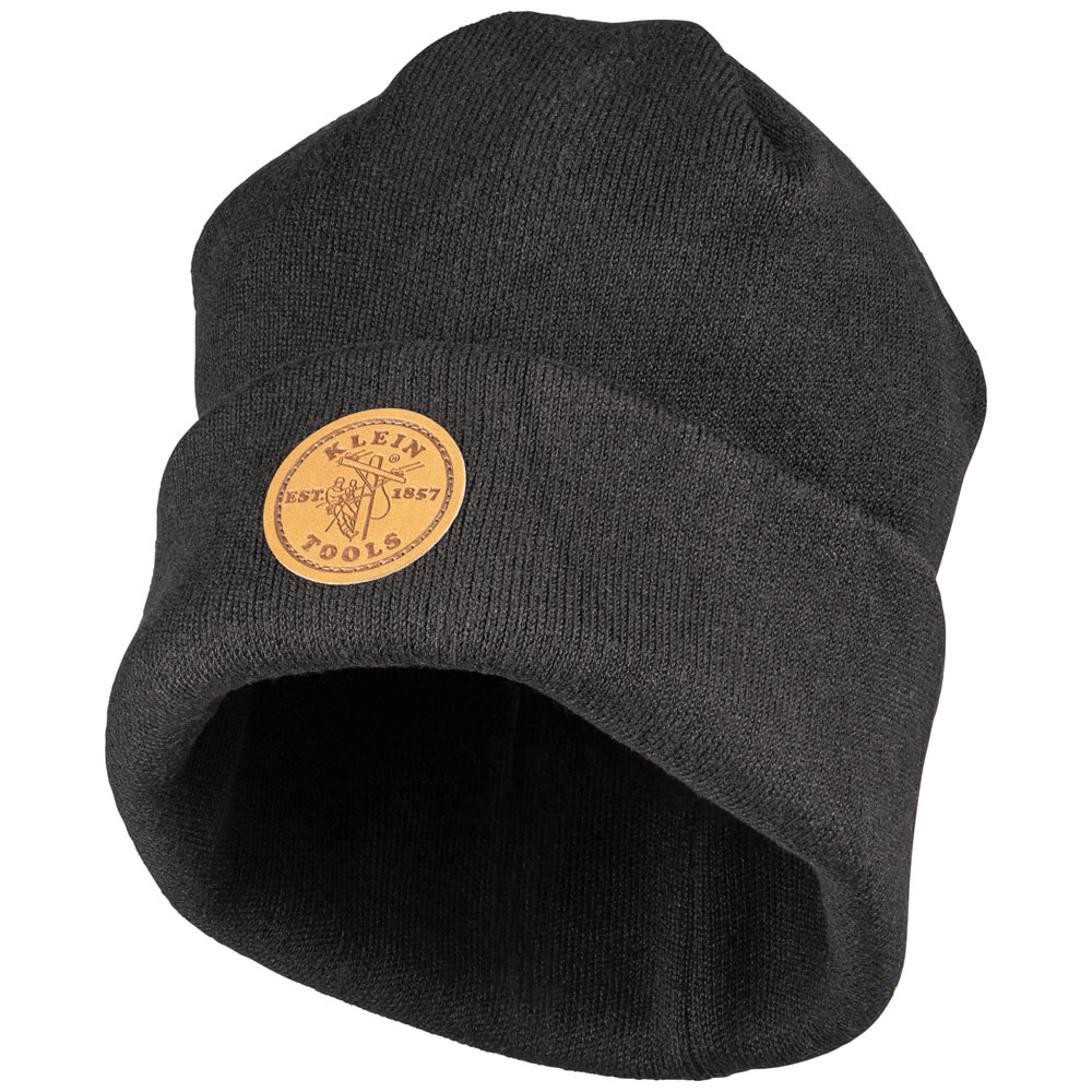Klein Heavy Knit Hat, Black, Leather Logo # 60569