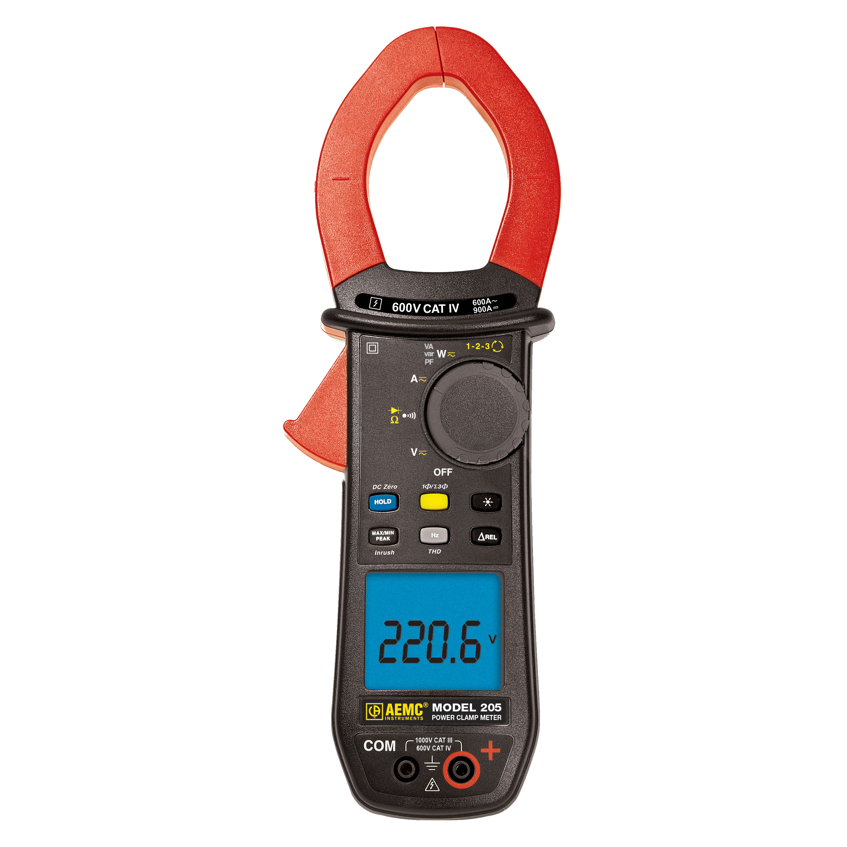 AEMC Instruments Power Clamp-on Meter Model 205 (TRMS, 1000V AC/DC, 600A AC / 900A DC, Ohms, Continuity, Phase Rotation, Power) # 205
