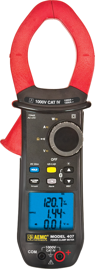 AEMC Instruments Power Clamp-on Meter Model 407 (TRMS, 1000V AC/DC, 1000A AC / 1500A DC, Ohms, Continuity, Energy, Harmonics, Power, THD, Recording) # 407