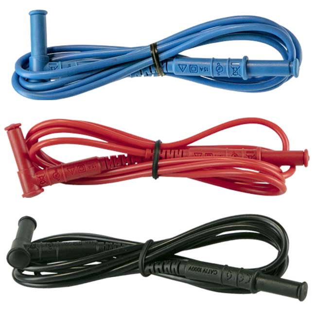 AEMC Instruments Lead - Set of 3, 5 ft PVC Color-Coded (Red/Black/Blue) with 4mm Straight/Right Banana Plugs # 5000.93