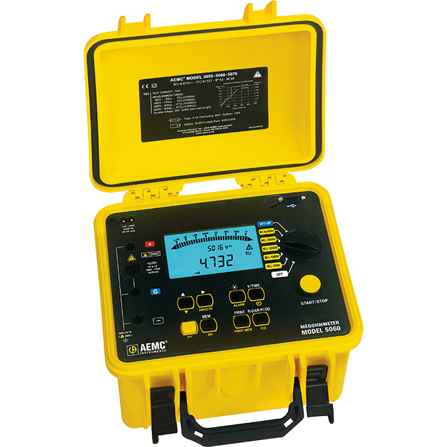 AEMC Instruments Megohmmeter Model 5060 (Digital, Analog Bargraph, Backlight, Alarm, Timer, 500V, 1000V, 2500V, 5000V, Auto DAR/PI/DD, USB Cable, w/DataView Software) # 5060