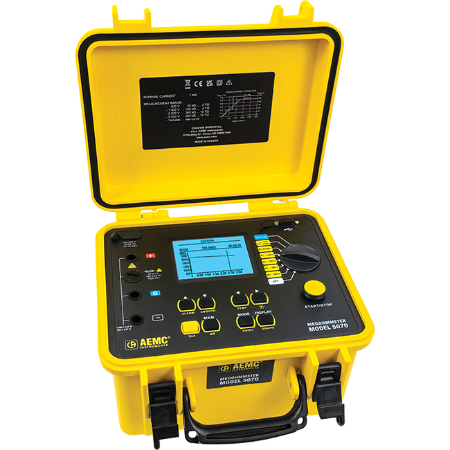 AEMC Instruments Megohmmeter Model 5070 (Graphical, Analog Bargraph, Backlight, Alarm, Timer, 500V, 1000V, 2500V, 5000V, Ramp, Auto DAR/PI/DD, USB Cable, w/DataView Software) # 5070