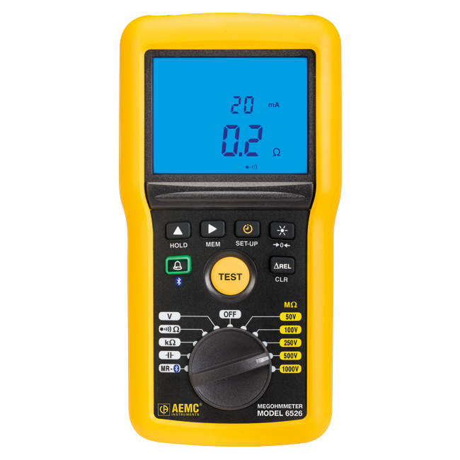 AEMC Instruments Megohmmeter Model 6526 (Digital w/Analog Bargraph, Alarm, 50V, 100V, 250V, 500V, 1000V, Ohm, Continuity, V, kΩ, Capacitance, Memory, Bluetooth, w/DataView Software) # 6526