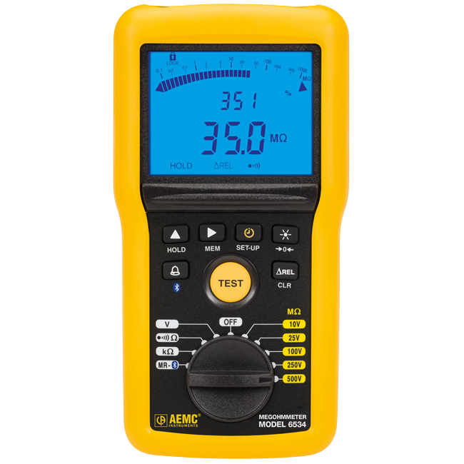 AEMC Instruments Megohmmeter Model 6534 (Digital w/Analog Bargraph, Alarm, 10V, 25V, 100V, 250V, 500V, Ohm, Continuity, V, kΩ, Memory, w/DataView Bluetooth Software) # 2155.55