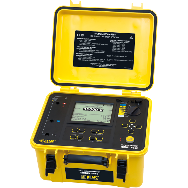 AEMC Instruments Megohmmeter Model 6550 (Graphical, Analog Bargraph, Backlight, Alarm, Timer, 500V, 1000V, 2500V, 5000V, 10kV, Ramp, Step V, Variable, Auto DAR/PI/DD, USB, w/DataView Software) # 6550