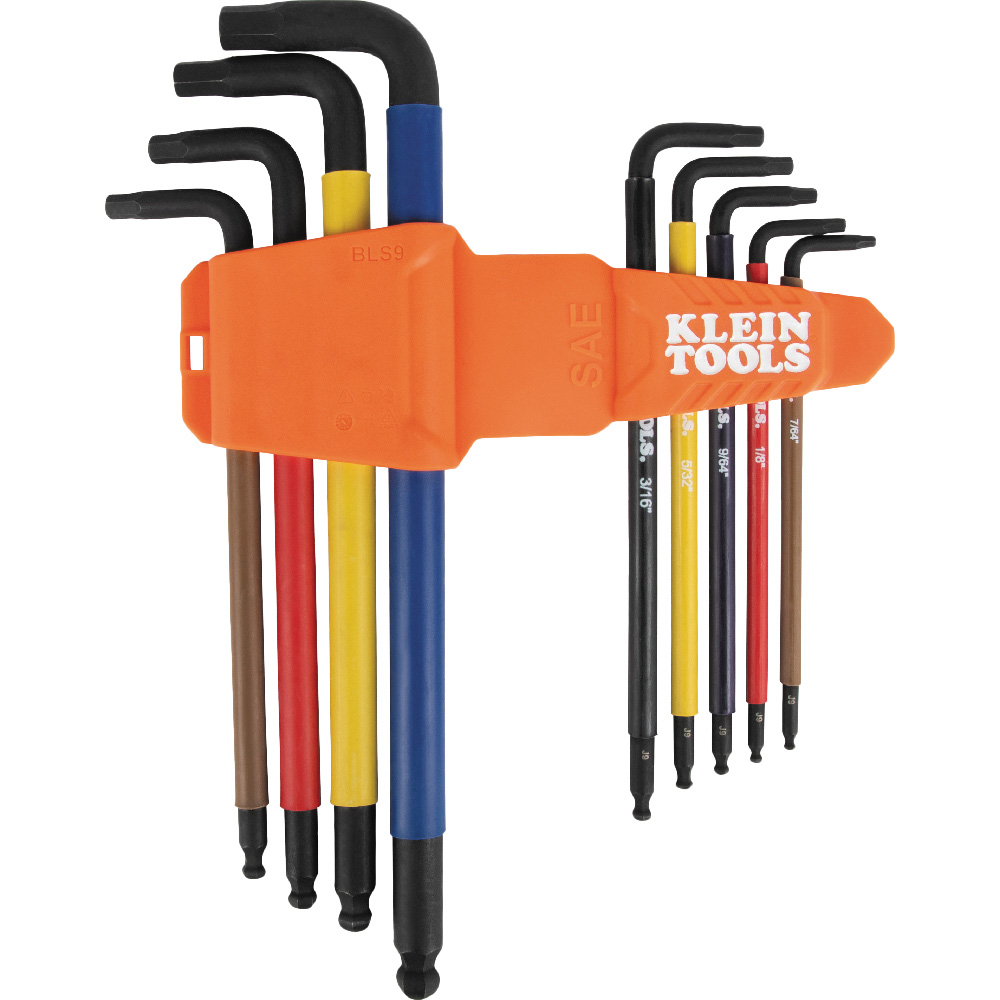 Klein Color-Coded Extra-Long L Style Hex Key Caddy Set, SAE, 9-Piece # BLS9