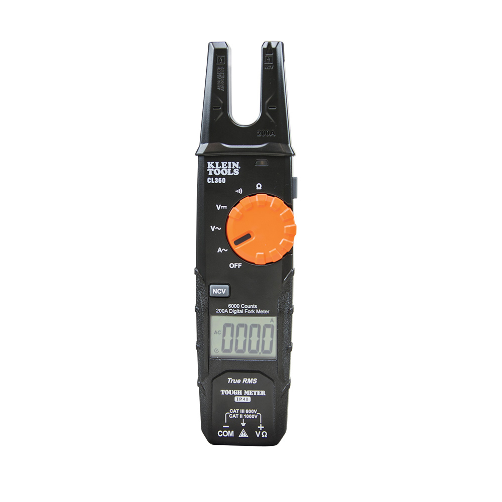 Klein Electrical Tester, Open Jaw Fork Meter, AC Auto-Ranging, 200 amp # CL360