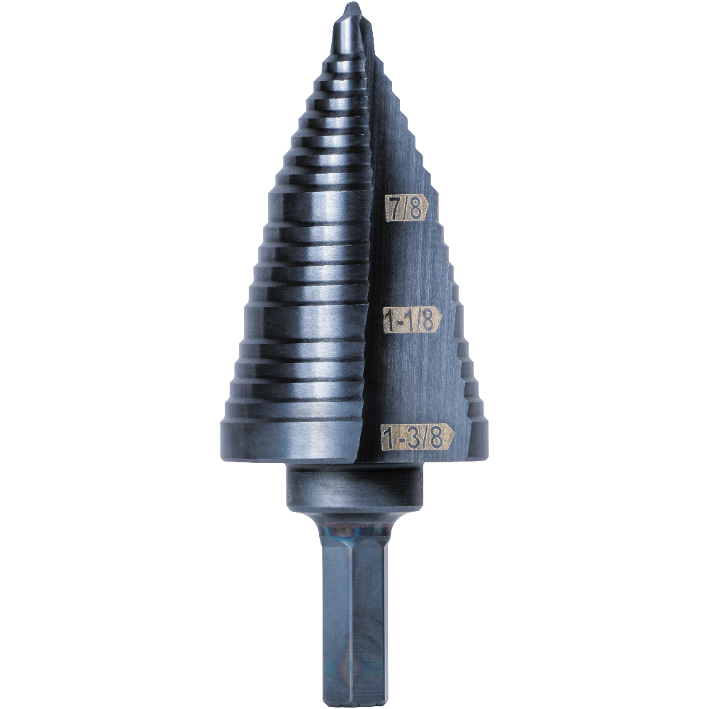 Klein 3-Step Drill Bit, 3/8-Inch Hex, Double Straight Flute, 7/8-Inch to 1-3/8-Inch # KTSB15