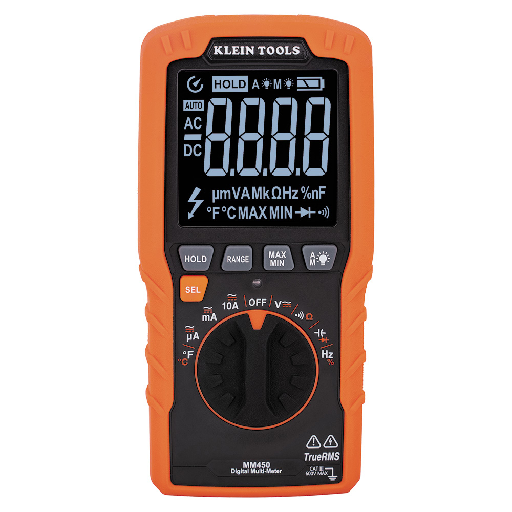 Klein Slim Digital Multimeter, TRMS Auto-Ranging, 600V, Temp # MM450