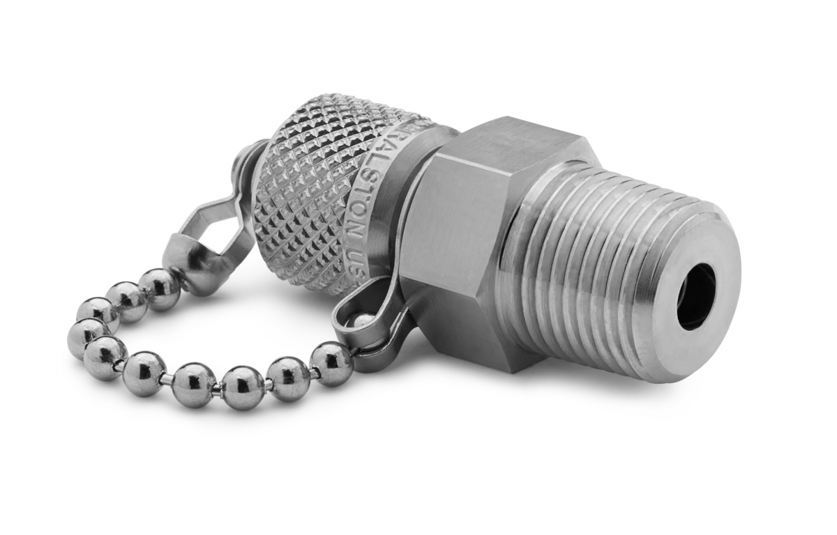 Ralston 3/8" Male NPT x Male Quick-Test, with Check Valve, with Cap and Chain, S.S. # QTFT-3MS1