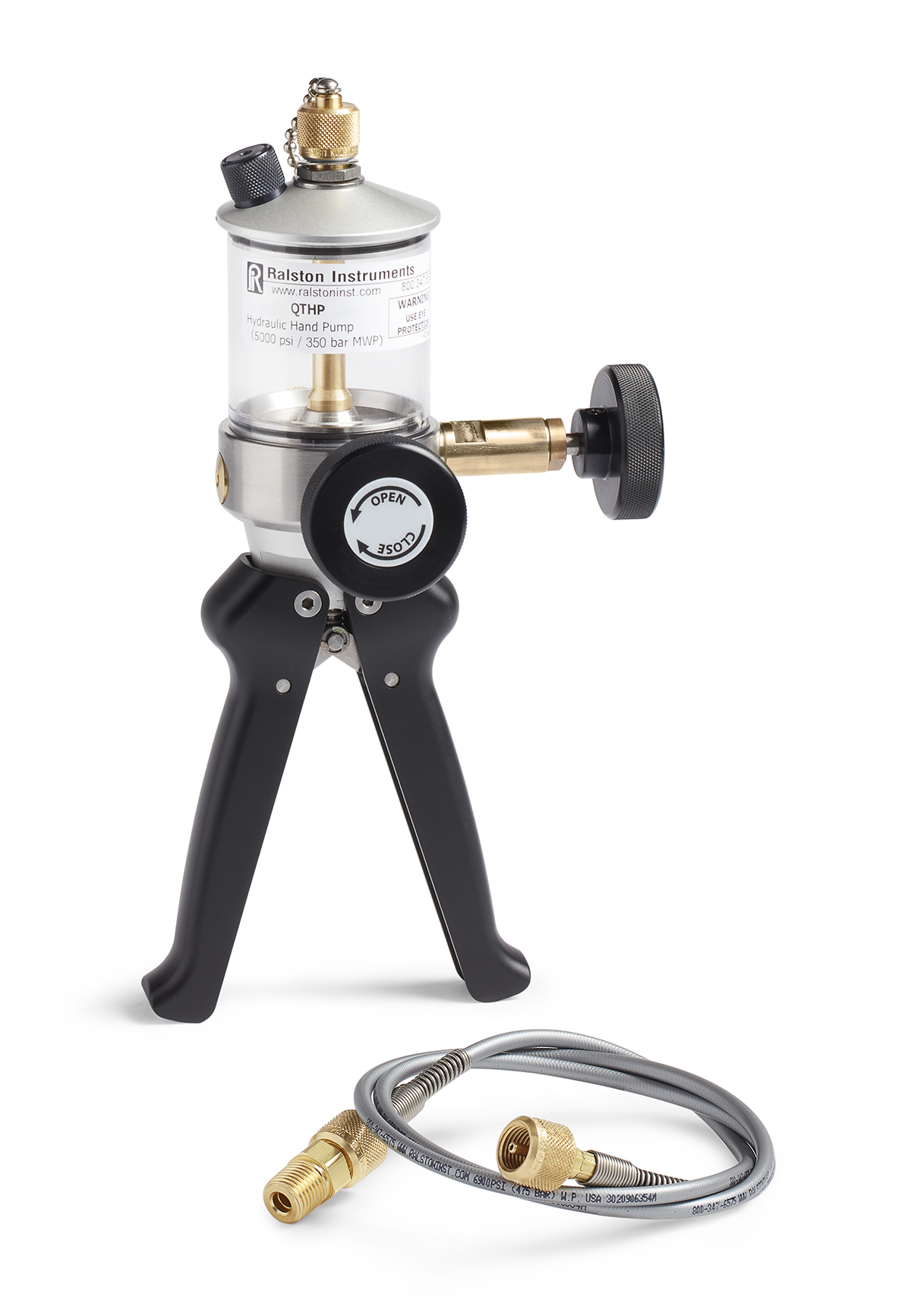 Ralston 5,000 PSI / 35 MPa Hydraulic Hand Pump, 2 Quick-Test Outlet Ports, 3 ft Hose, 1/4" MNPT Process Conn. # QTHP-0000