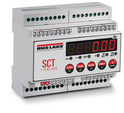 Rice Lake Indicator, SCT1100-AN 12-24VDC and, RS485/232 Serial Port, Analog Out DIN Mount, 4 load cell input. Regulatory modes. # 202101