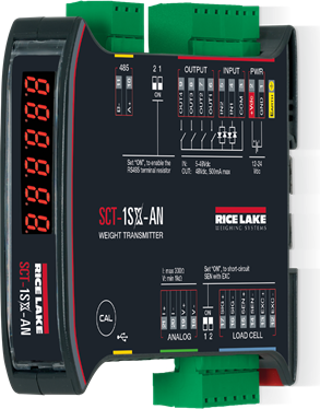 Rice Lake Indicator, SCT-1SX-AN Weight transmitter on DIN rail, with 2 INPUT, 4 OUTPUT and analog output. Fitted with 5-key keypad and LED display. # 216820