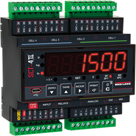 Rice Lake Indicator, SCT-4X-PRONET High speed 4 channel Din rail weight transmitter, with 2 in, 2 OUT and PROFINET port. 5-key keypad, LED display. # 216827