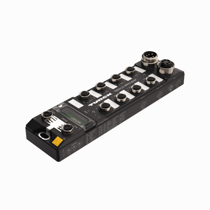 Turck Compact Multiprotocol RFID Module for Ethernet - 4 RFID Channels (HF/UHF) and 8 Universal Digital Channels, Configurable as PNP Inputs or 2-A Outputs # TBEN-L5-4RFID-8DXP